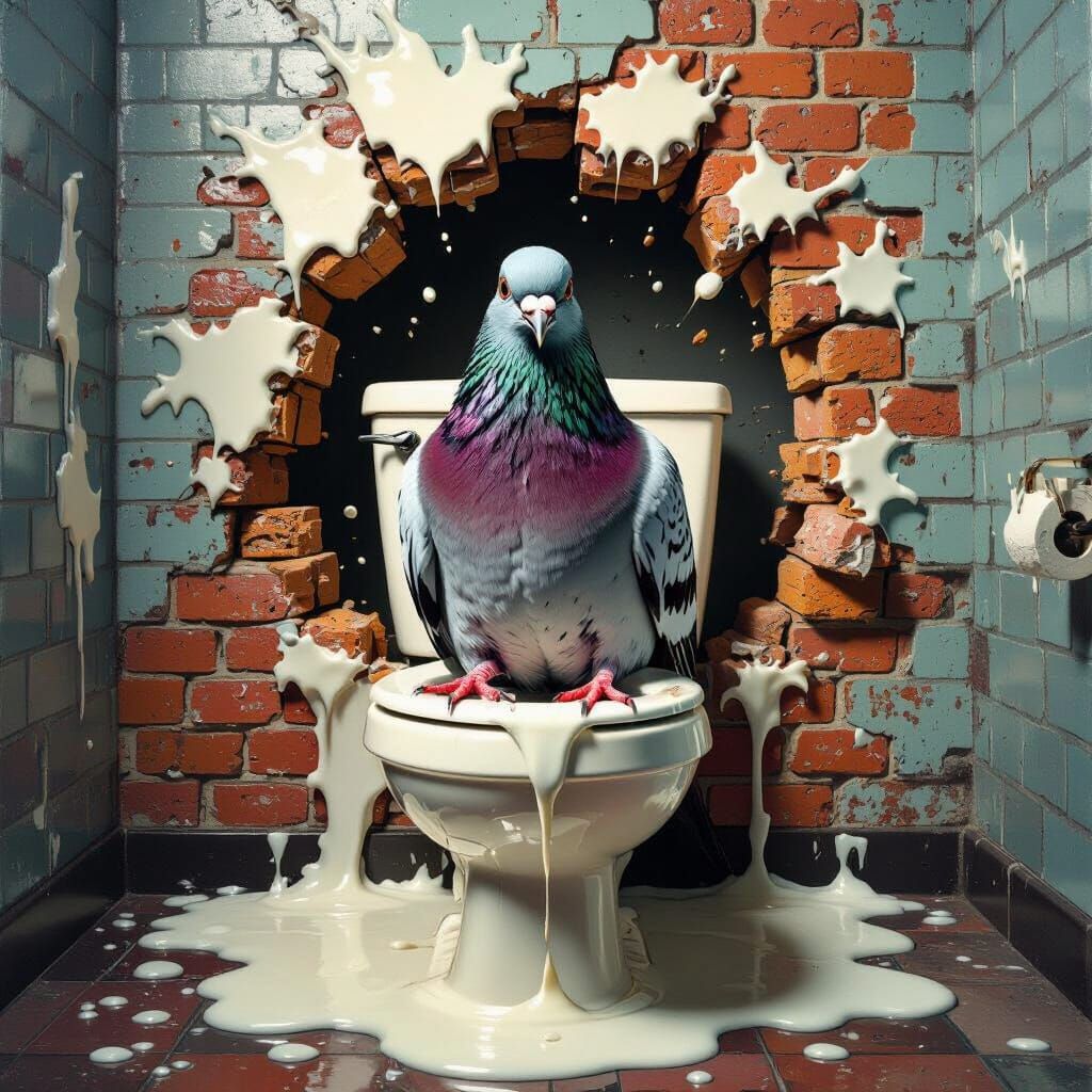 Surreal Pigeon Drenched in Milk on Exploded Brick Wall