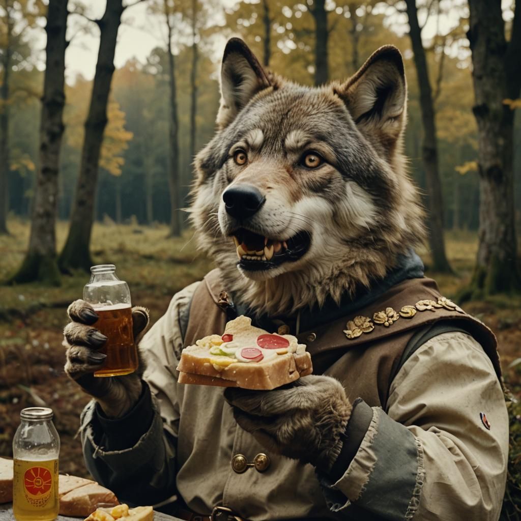 Cheerful Wolf in Uniform with Beer: Film Still