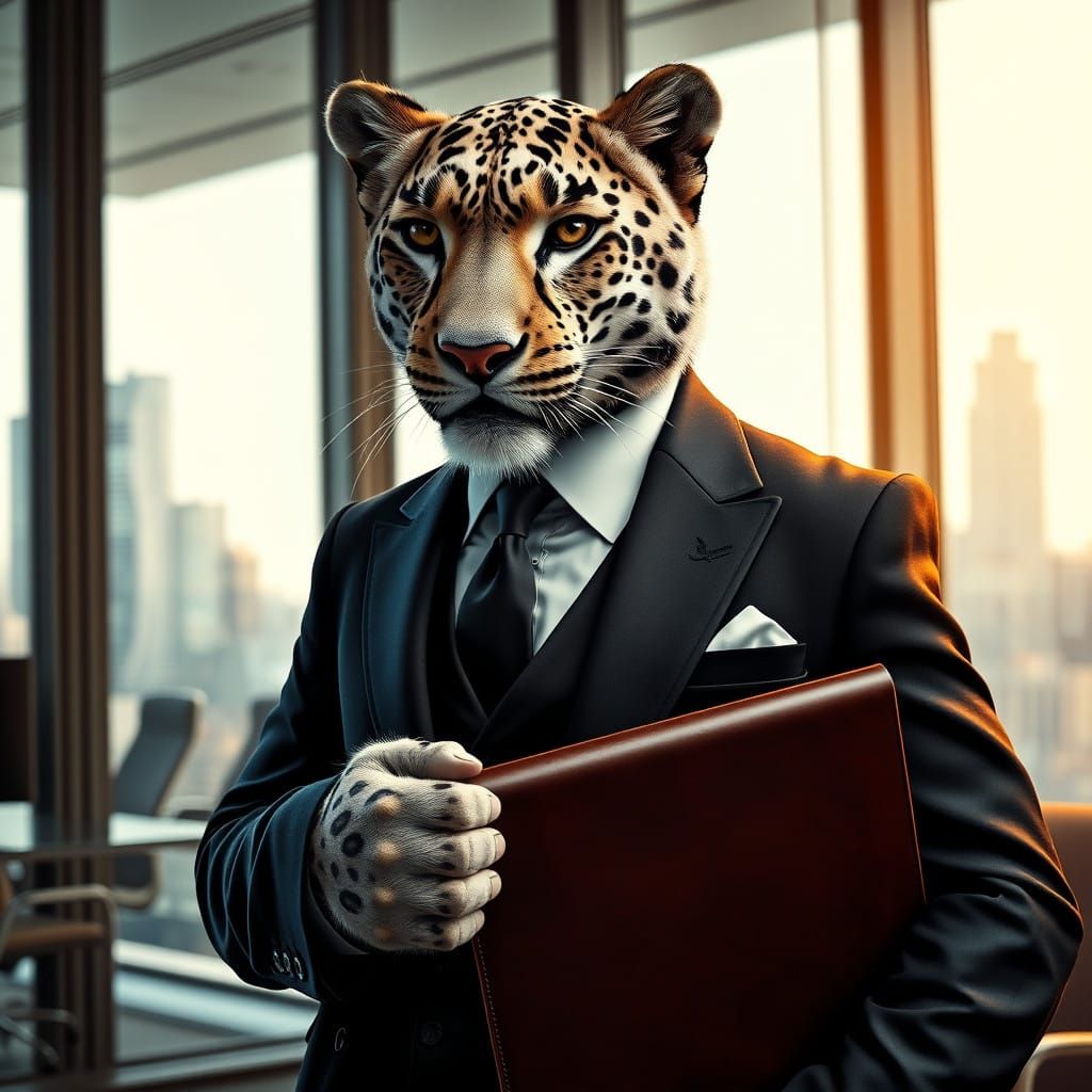 Confident Snow Leopard in Bespoke Business Attire