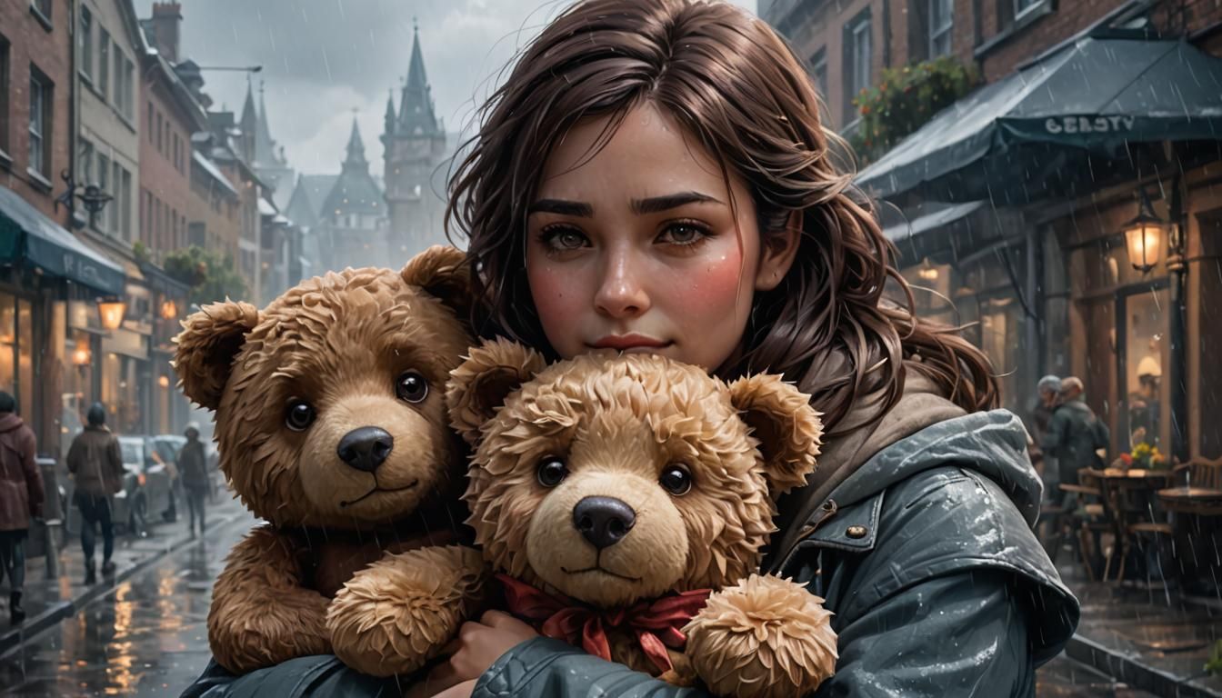 Dreamy Girl with Teddy Bear in Hyperdetailed Ink Art