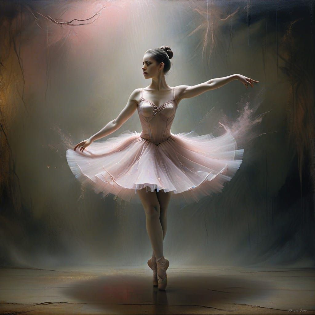 Ethereal Ballerina Dances Across a Misty Stage in a Dreamlik...