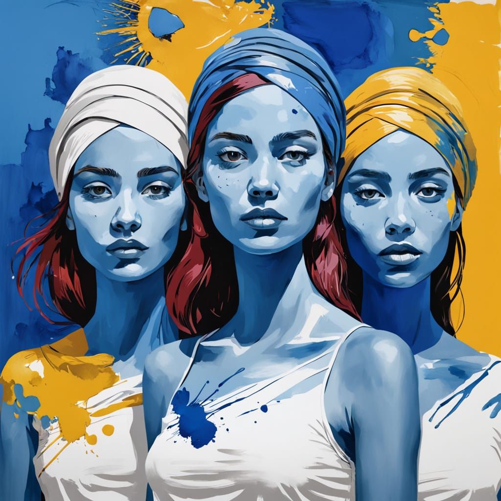 Three Women in Colorful Hats, Impasto Gouache Painting