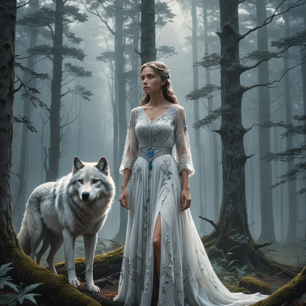 Woman and Wolf in Mystical Forest Art