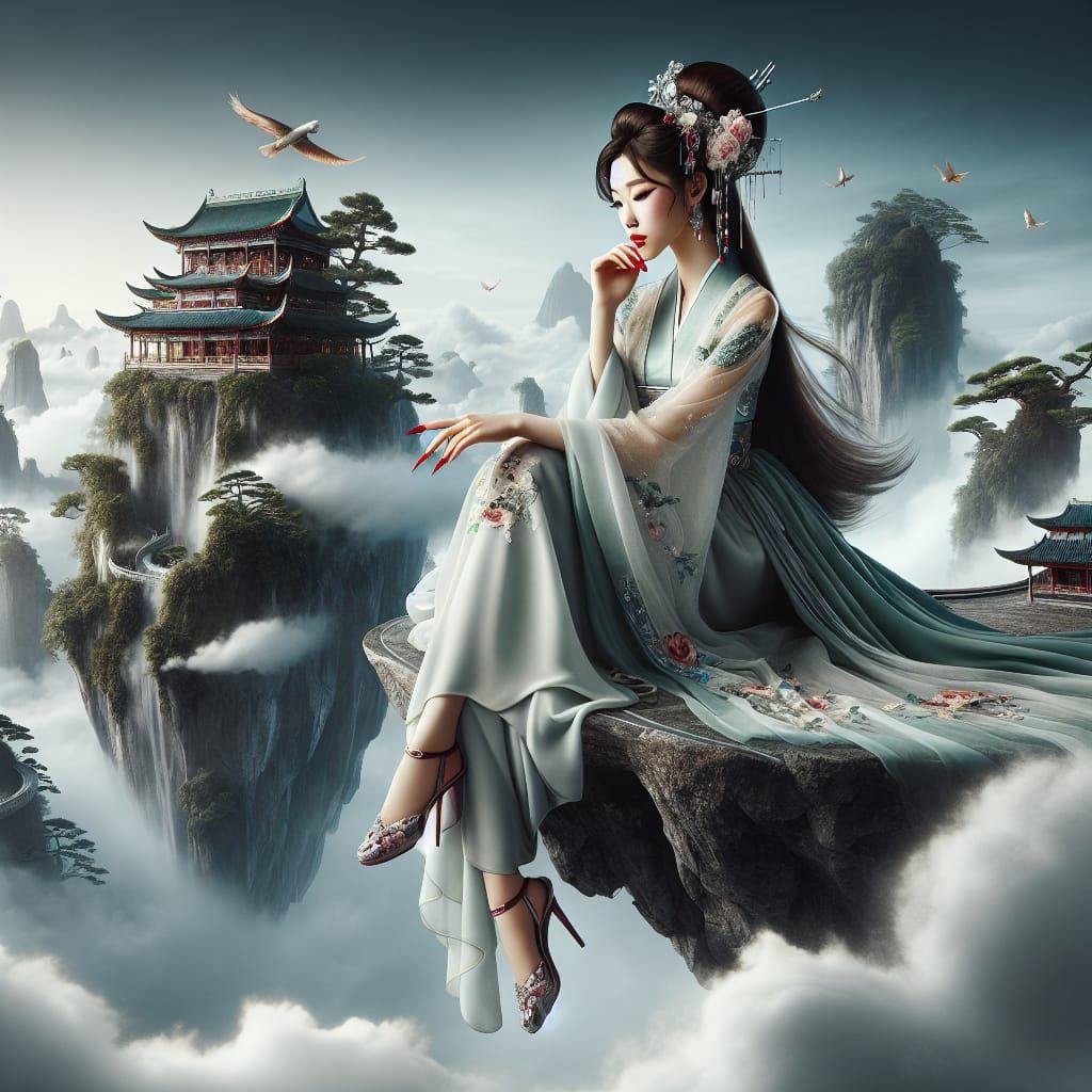 East Asian Princess on Floating Island in Clouds