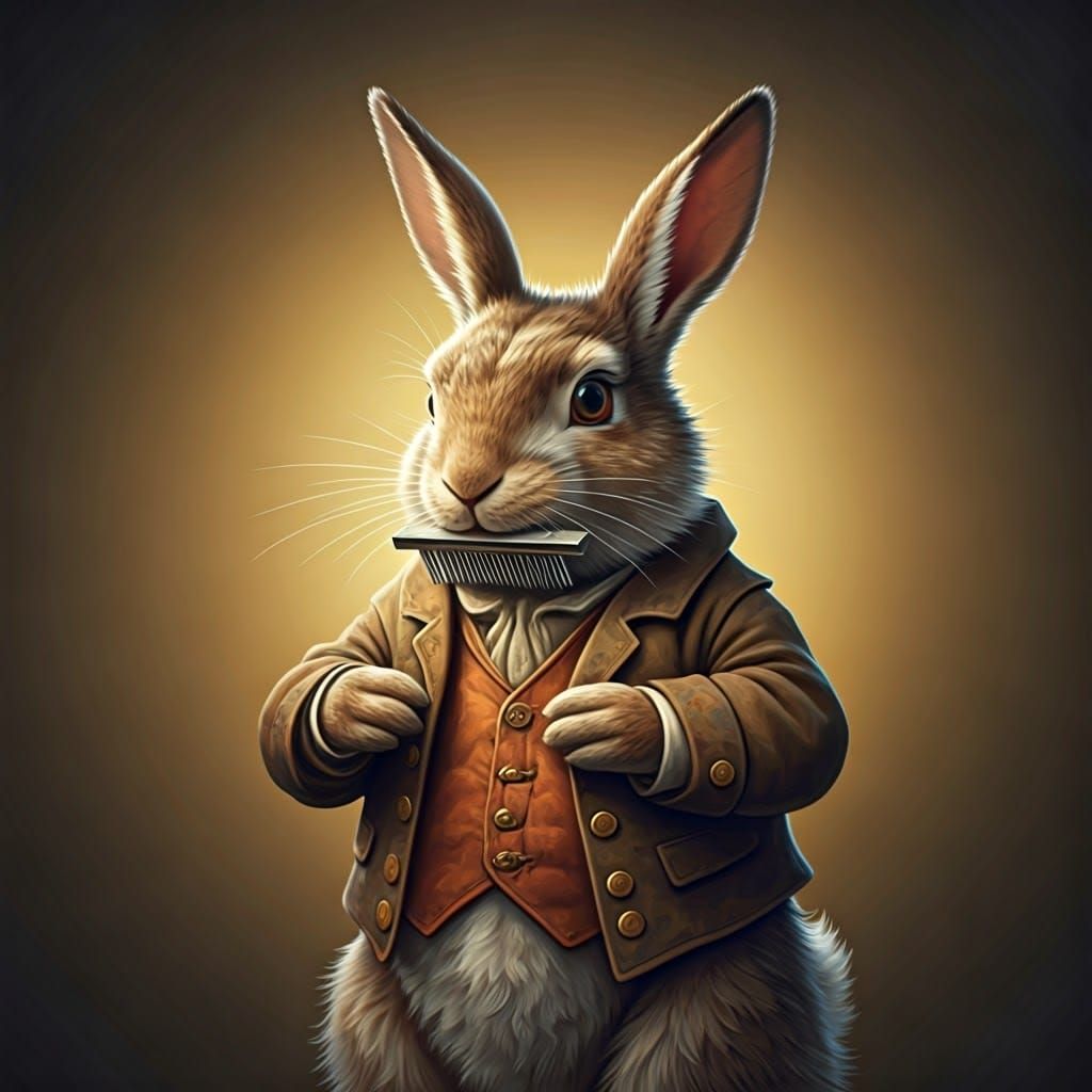 Rabbit Plays Comb Harmonica in Oil Painting Style