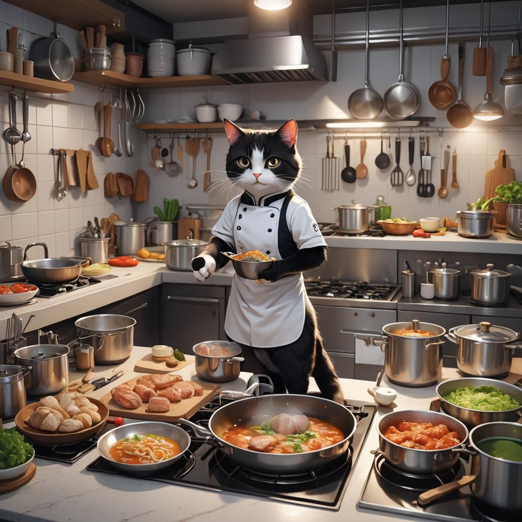 Cat cooking in a home kitchen