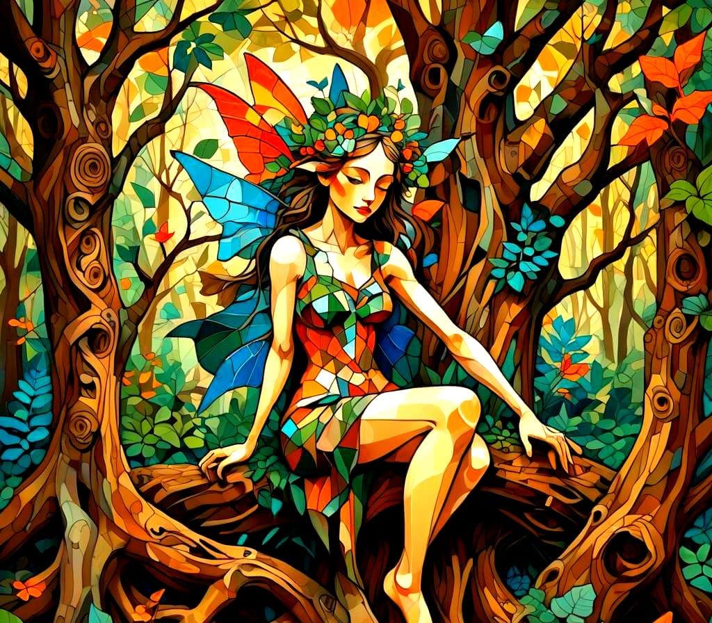 Cubist Fairy in Forest with Muted Colors