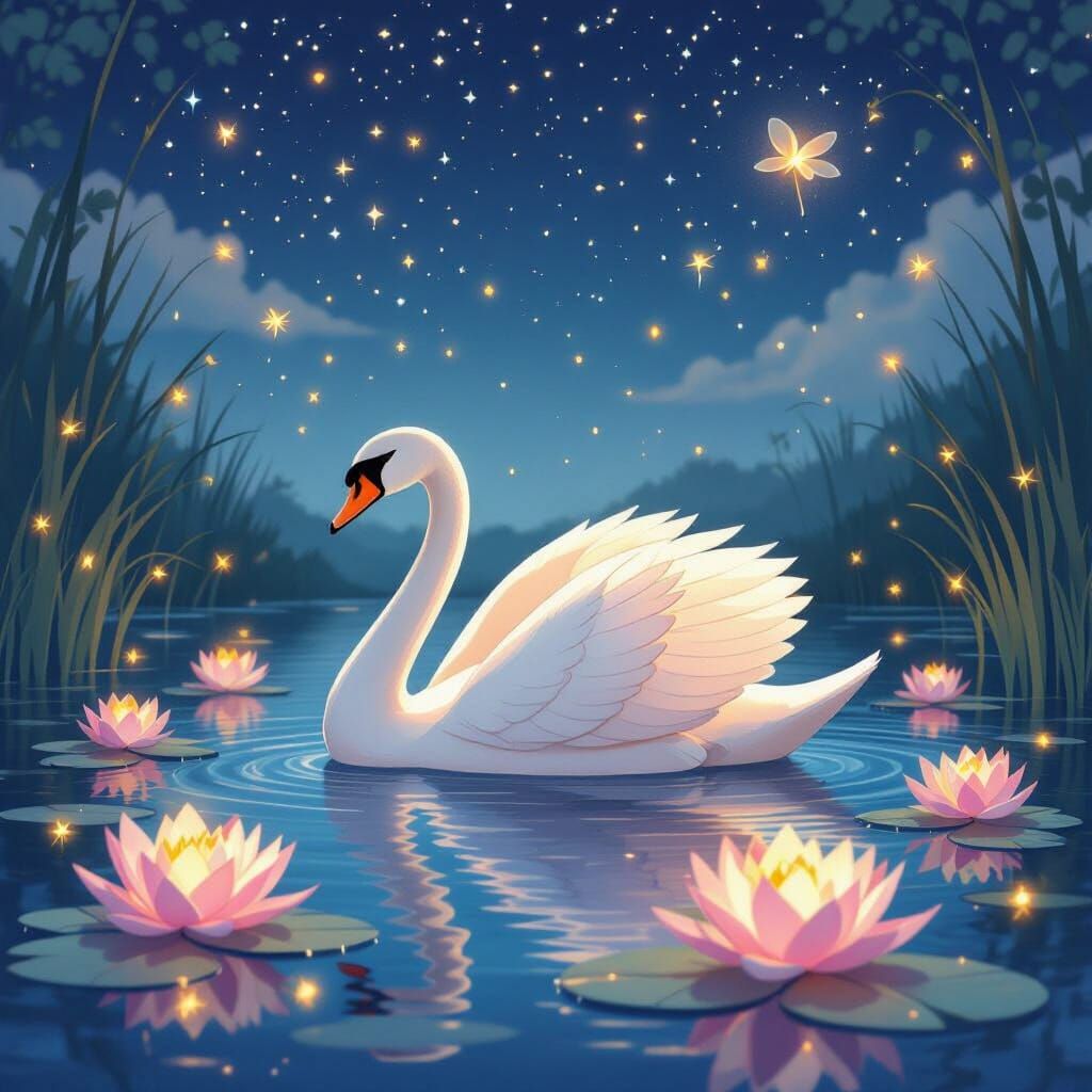 Serene Swan with Origami Lilies in Art Nouveau Style