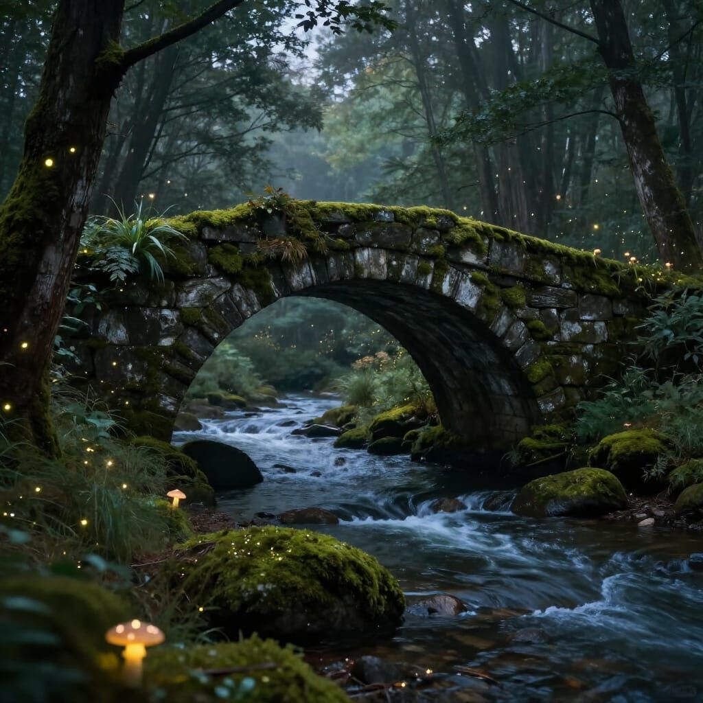 Mysterious Twilight Bridge Over River
