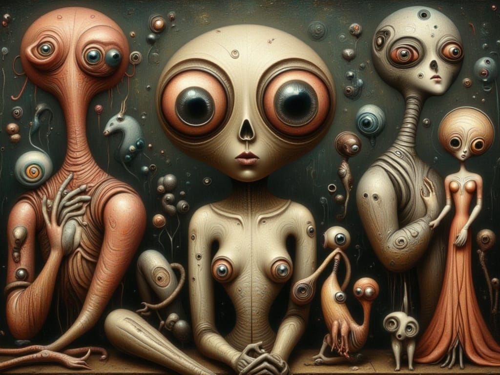 Comical Surrealist Figures in Detailed Oil Painting