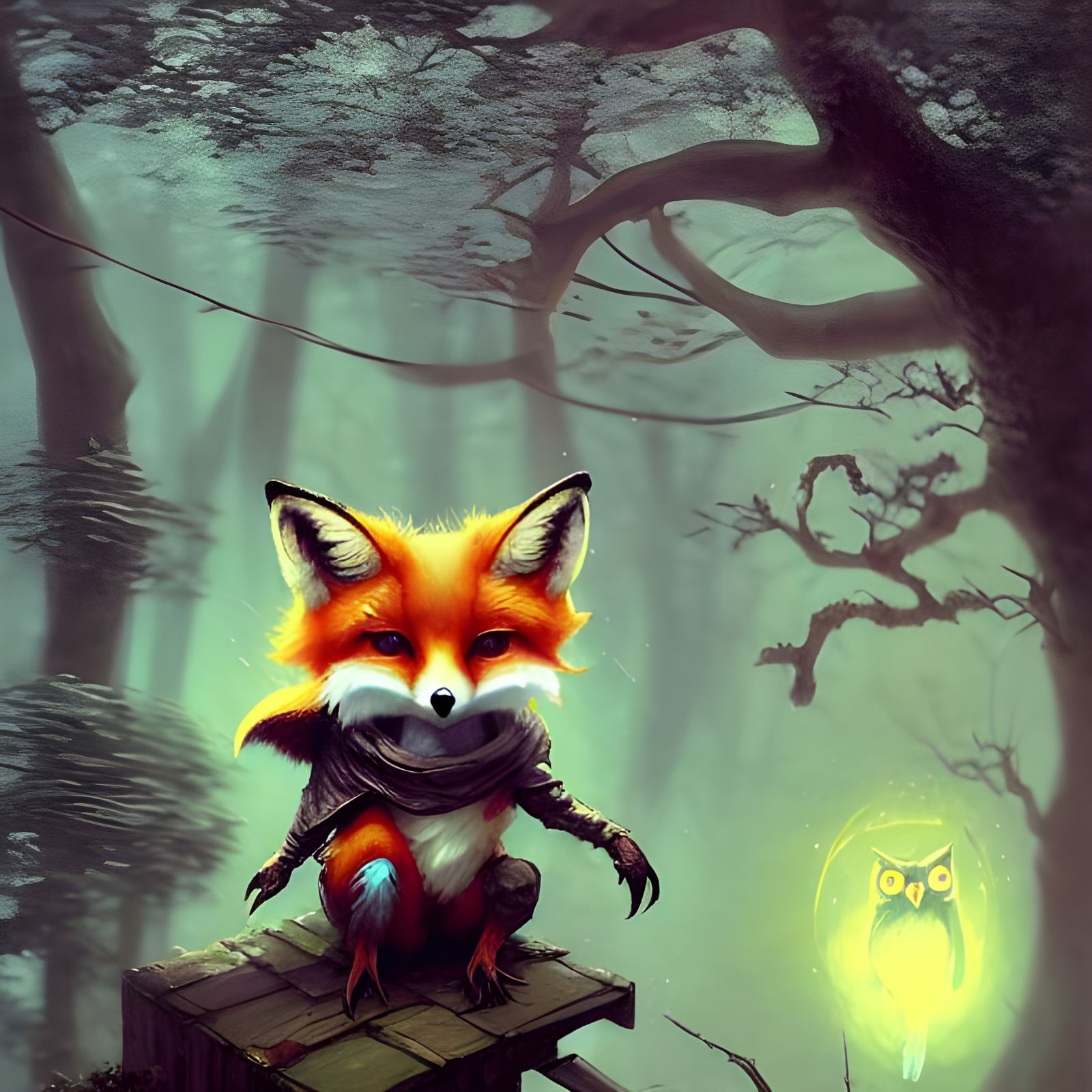 Chibi Fox and Owl Wizards in Art Nouveau Style