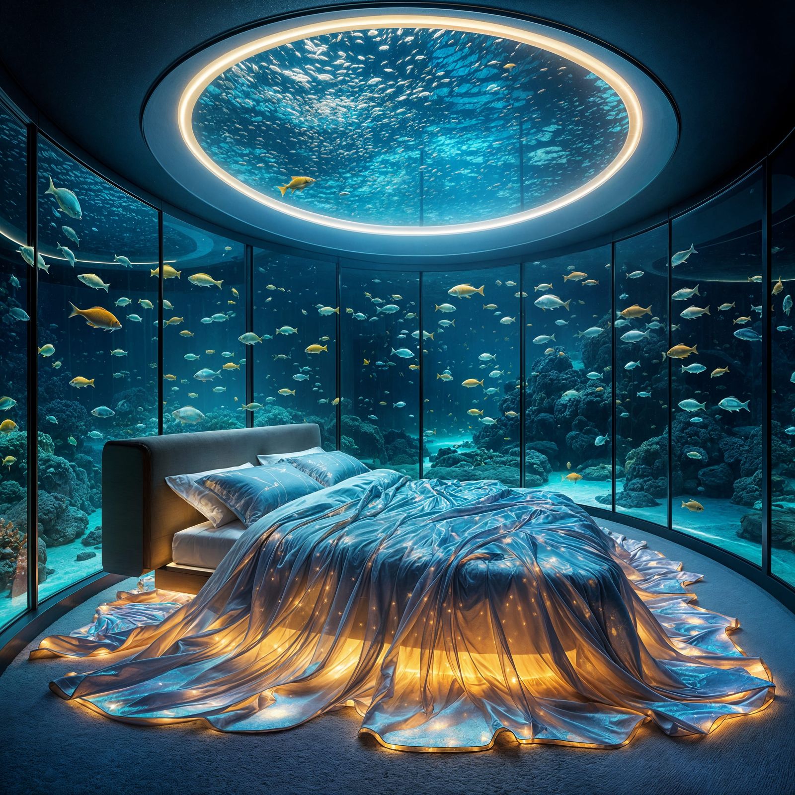 Luxurious Underwater Retreat with Iridescent Fabrics and Gla...