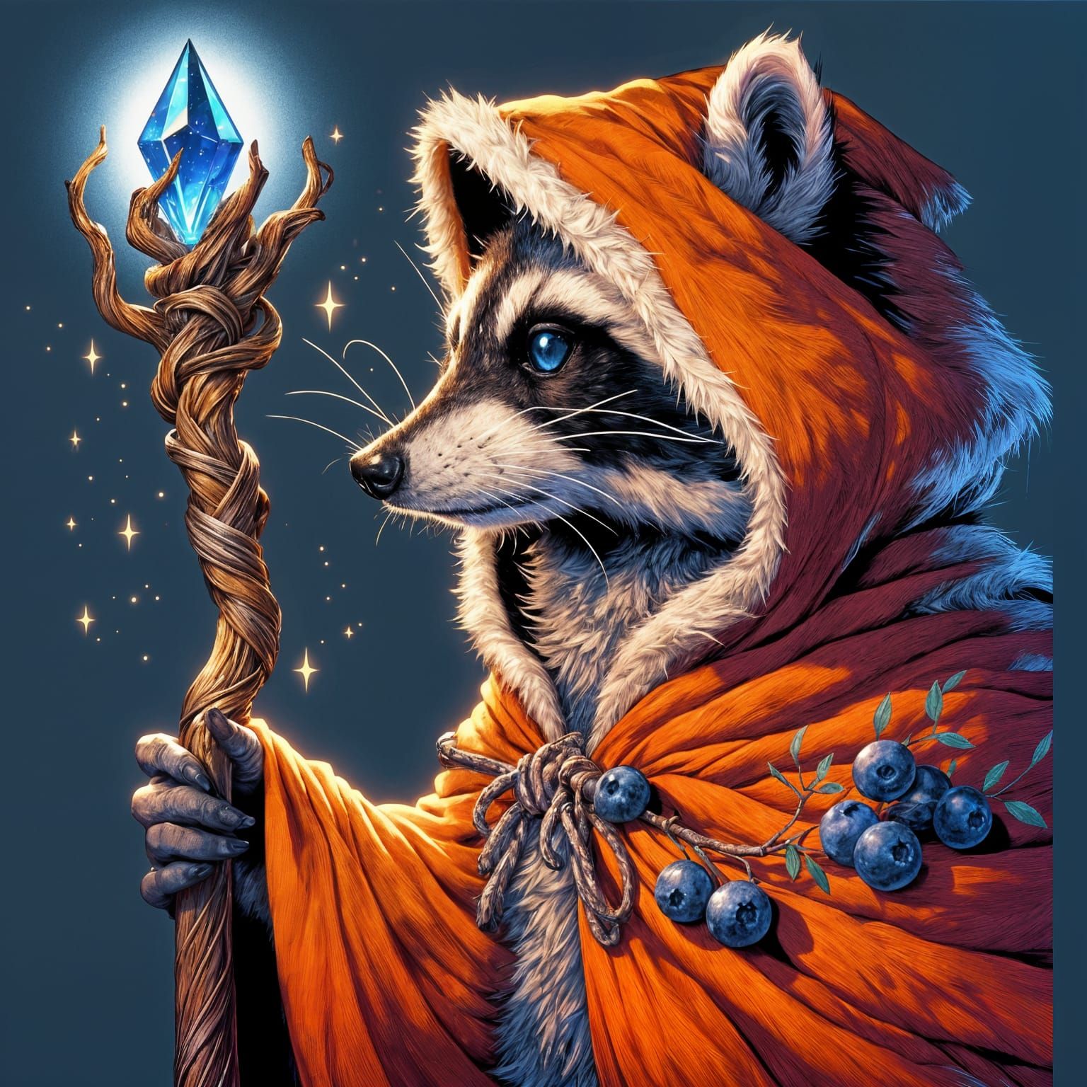 Racoon Bard with Crystal Staff in Woodblock Style