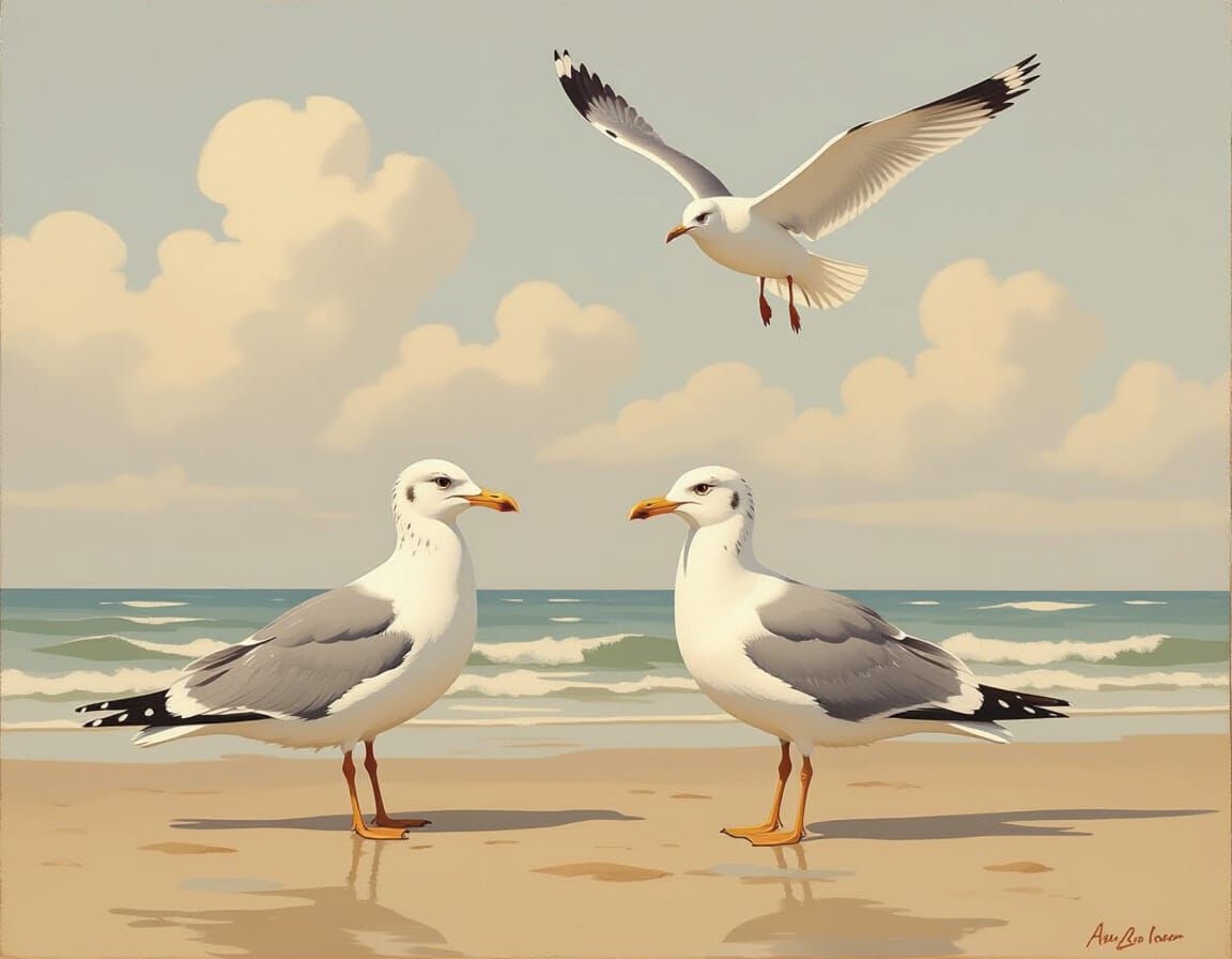 Seagulls on a Beach in Mixed Media Style
