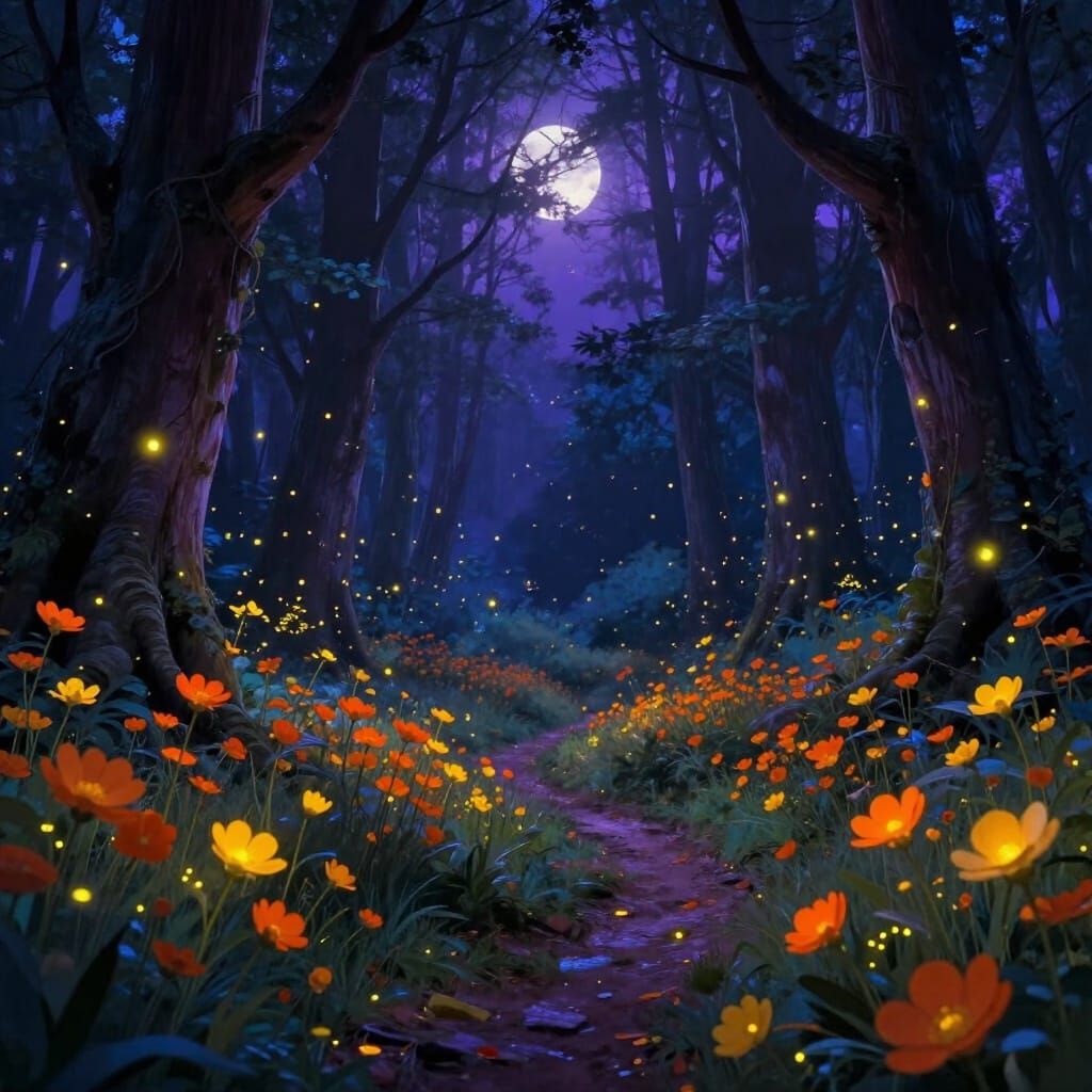 Enchanted Midnight Forest with Luminous Wildflowers