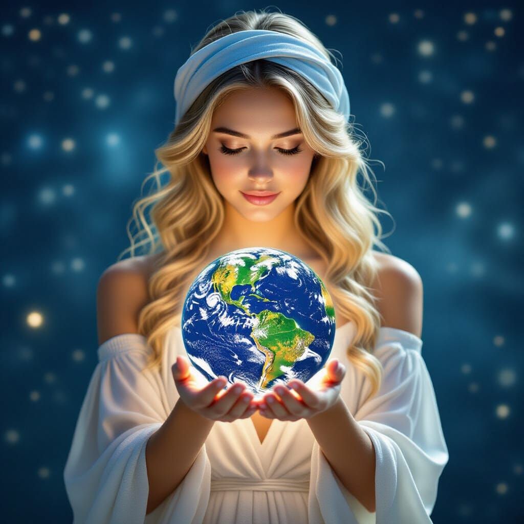 Celestial Woman Protects Glowing Earth in Ethereal Space