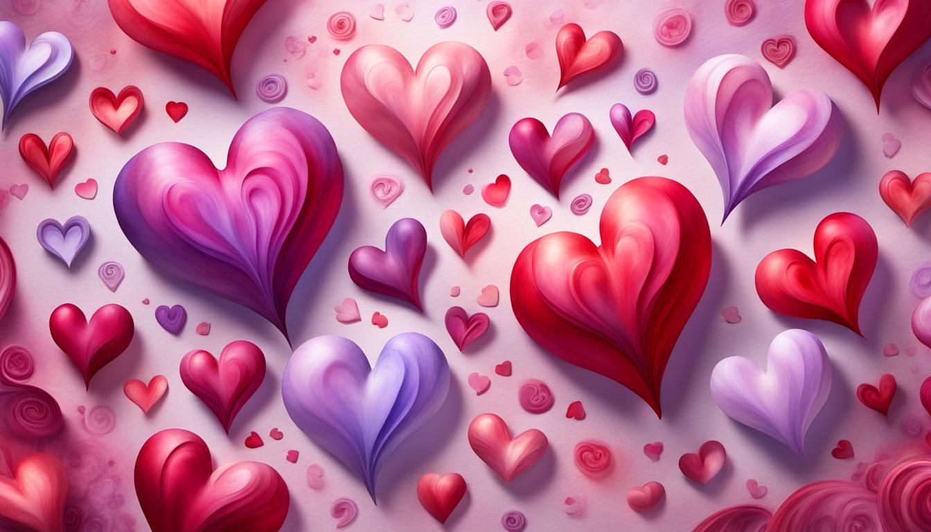 Psychedelic Watercolor Hearts with Glowing Edges in 3D