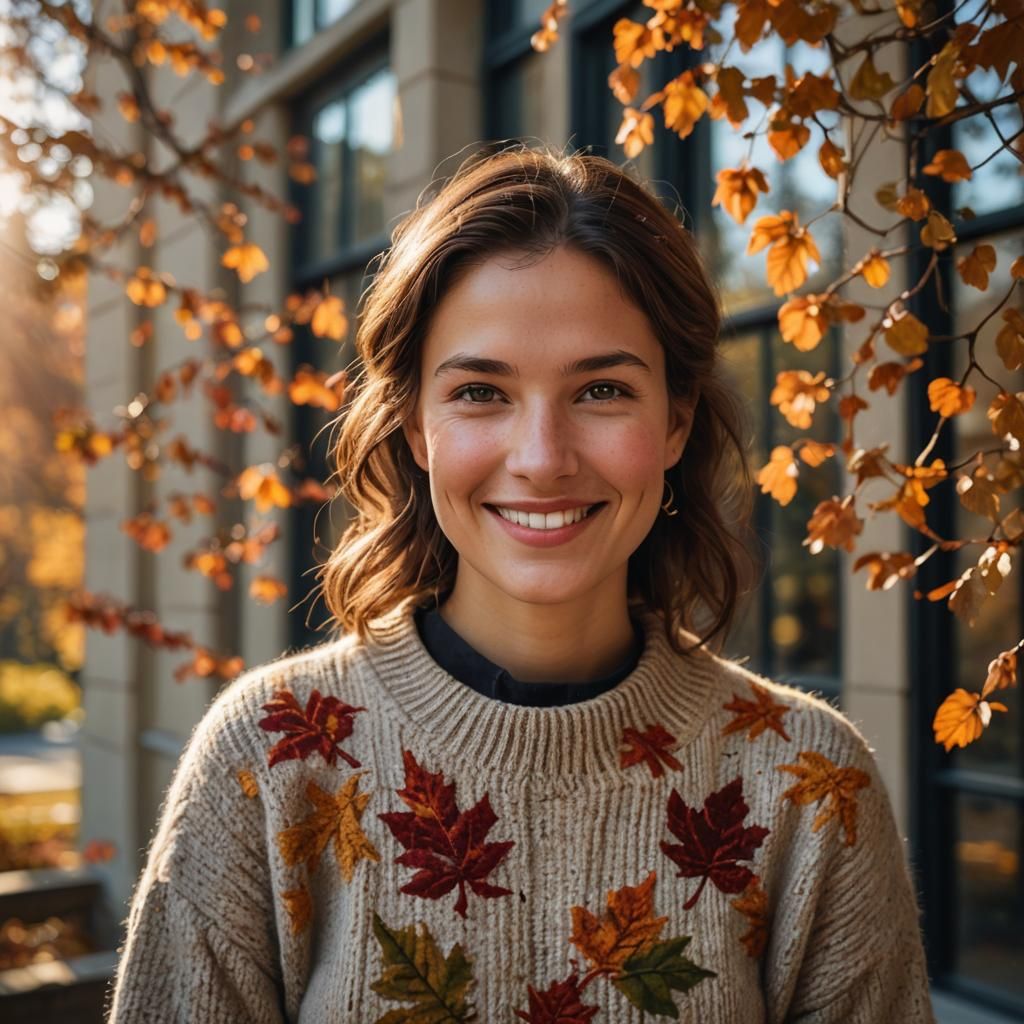 Woman Smiling in Autumn Light: Photorealistic Portrait