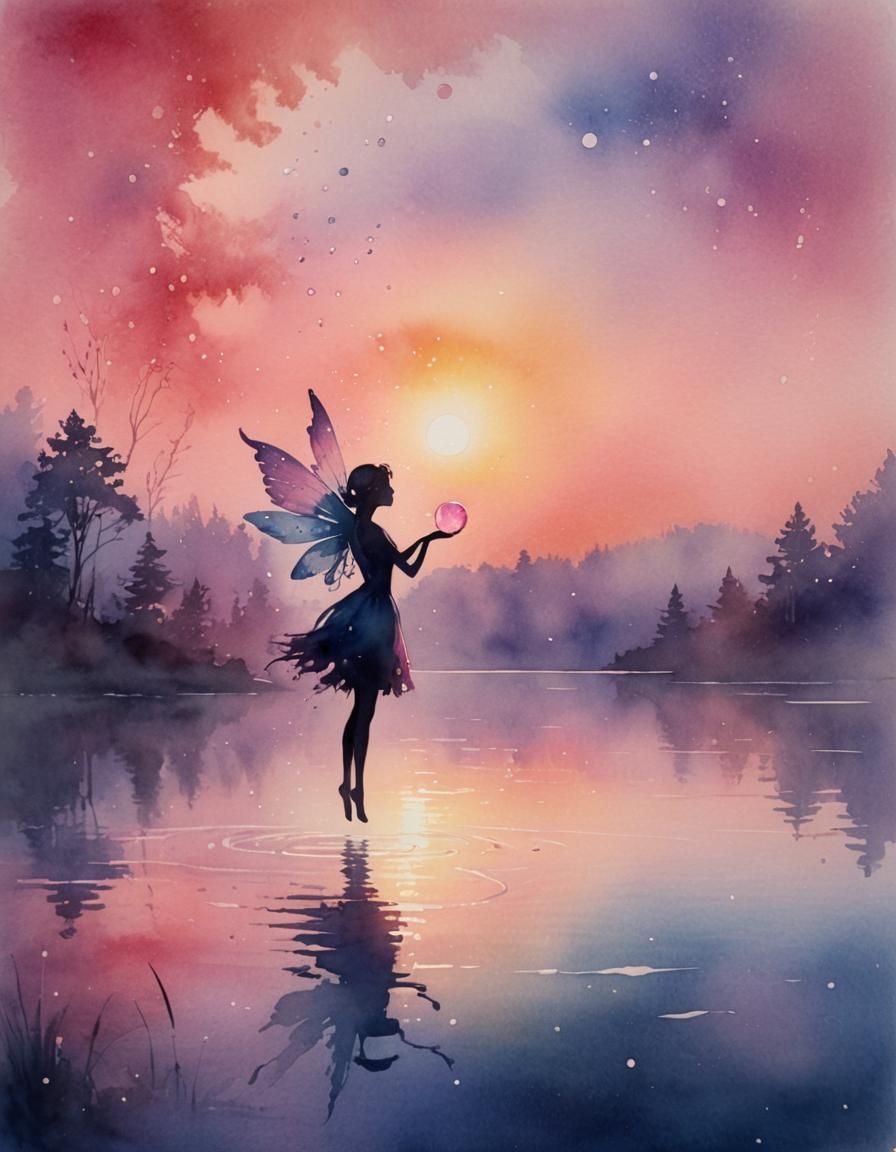 Dreamy Fairy Silhouette in Watercolor Gas Orb