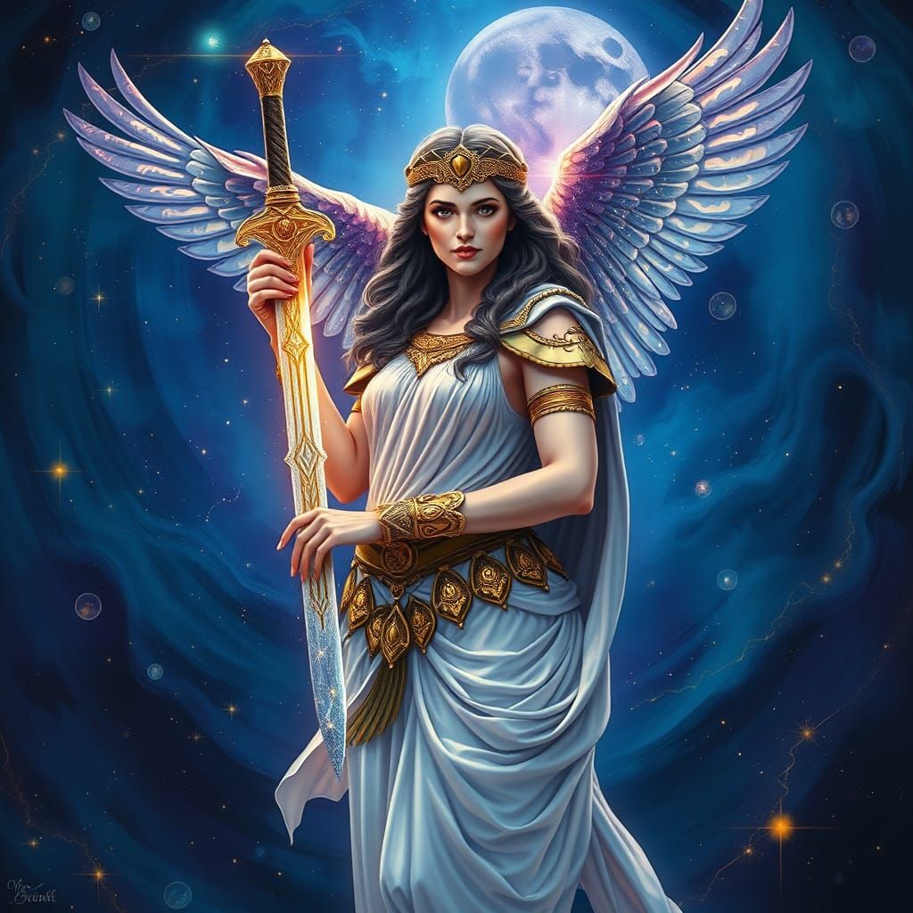 Goddess Athena in Celestial Armor, Grasping Ethereal Sword