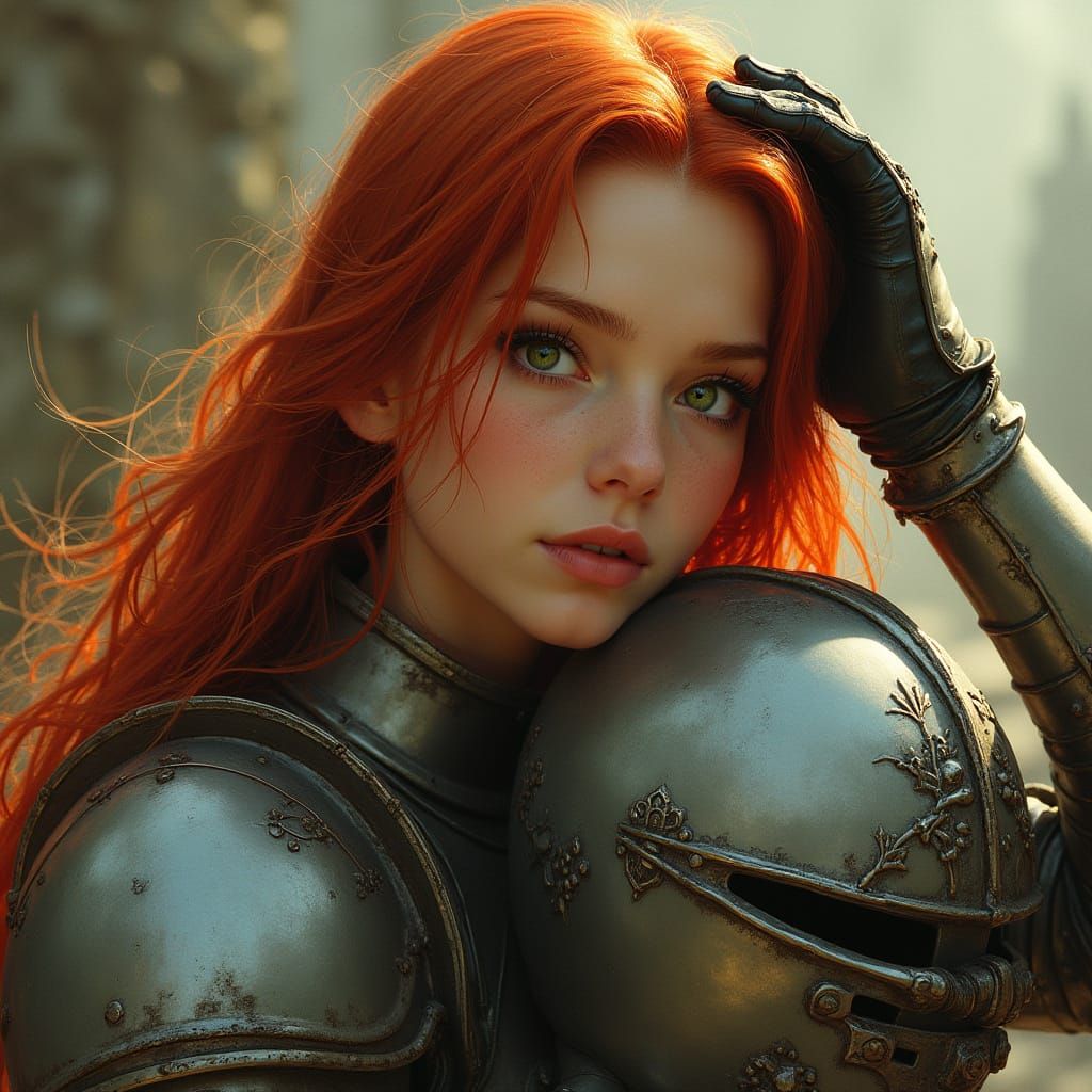 Red-Haired Knight Removes Helmet, Detailed Realistic Style