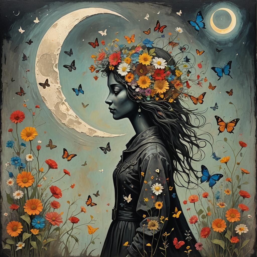 Surrealist Fashionista with Flowers, Art Nouveau Style