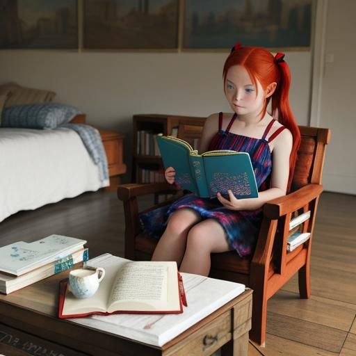 Girl with Red Hair Reading in Front of Castle