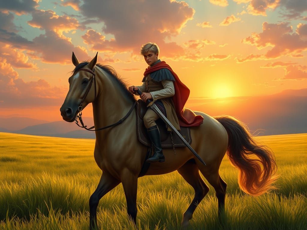 Young Prince Rides into Sunrise on Majestic Horse in Lush Fi...