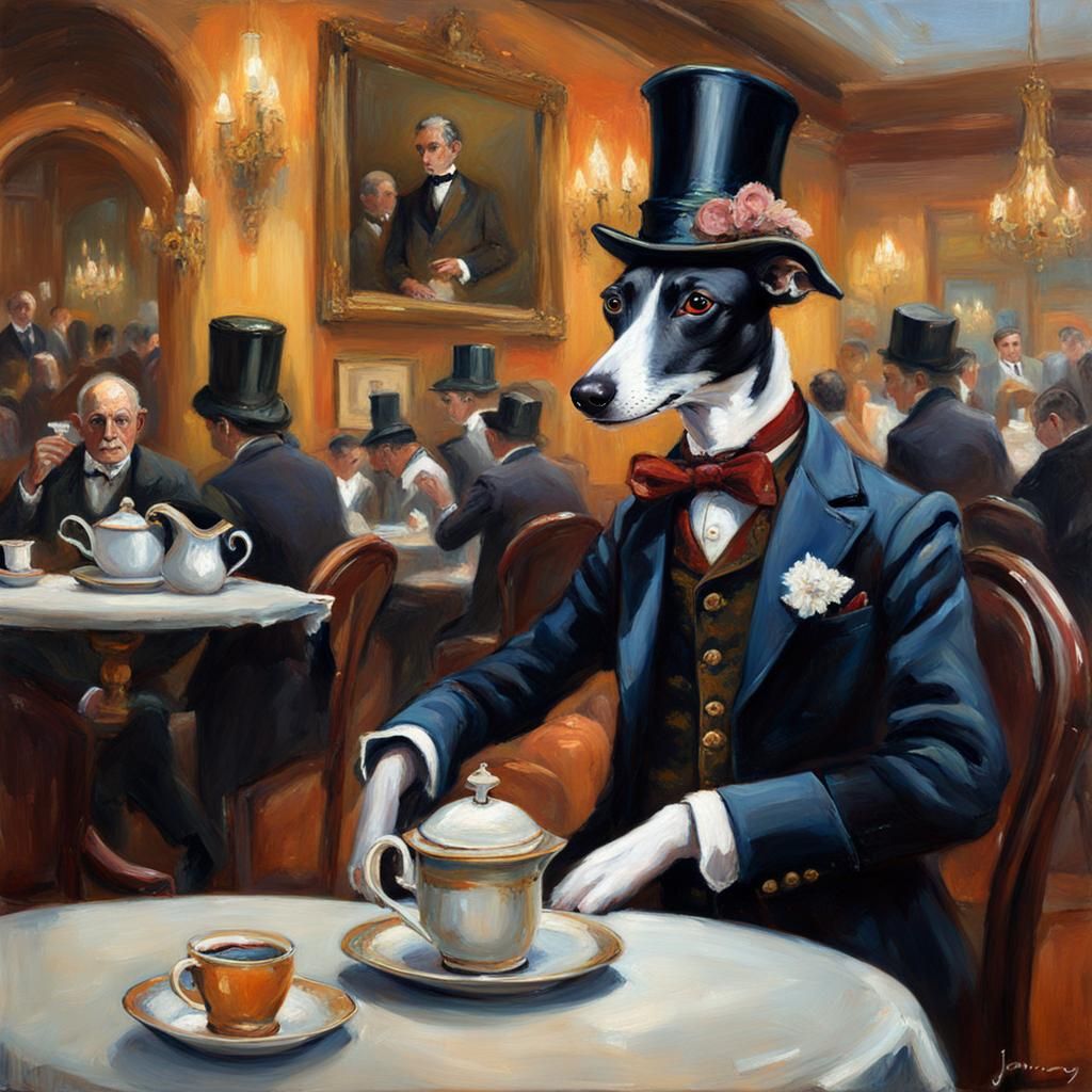 Victorian Greyhound Awaits Tea: Oil Painting