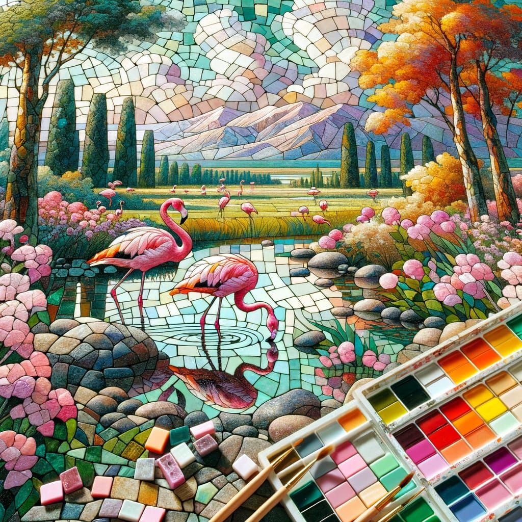 Mosaic Landscape with Pink Flamingoes in Acrylic