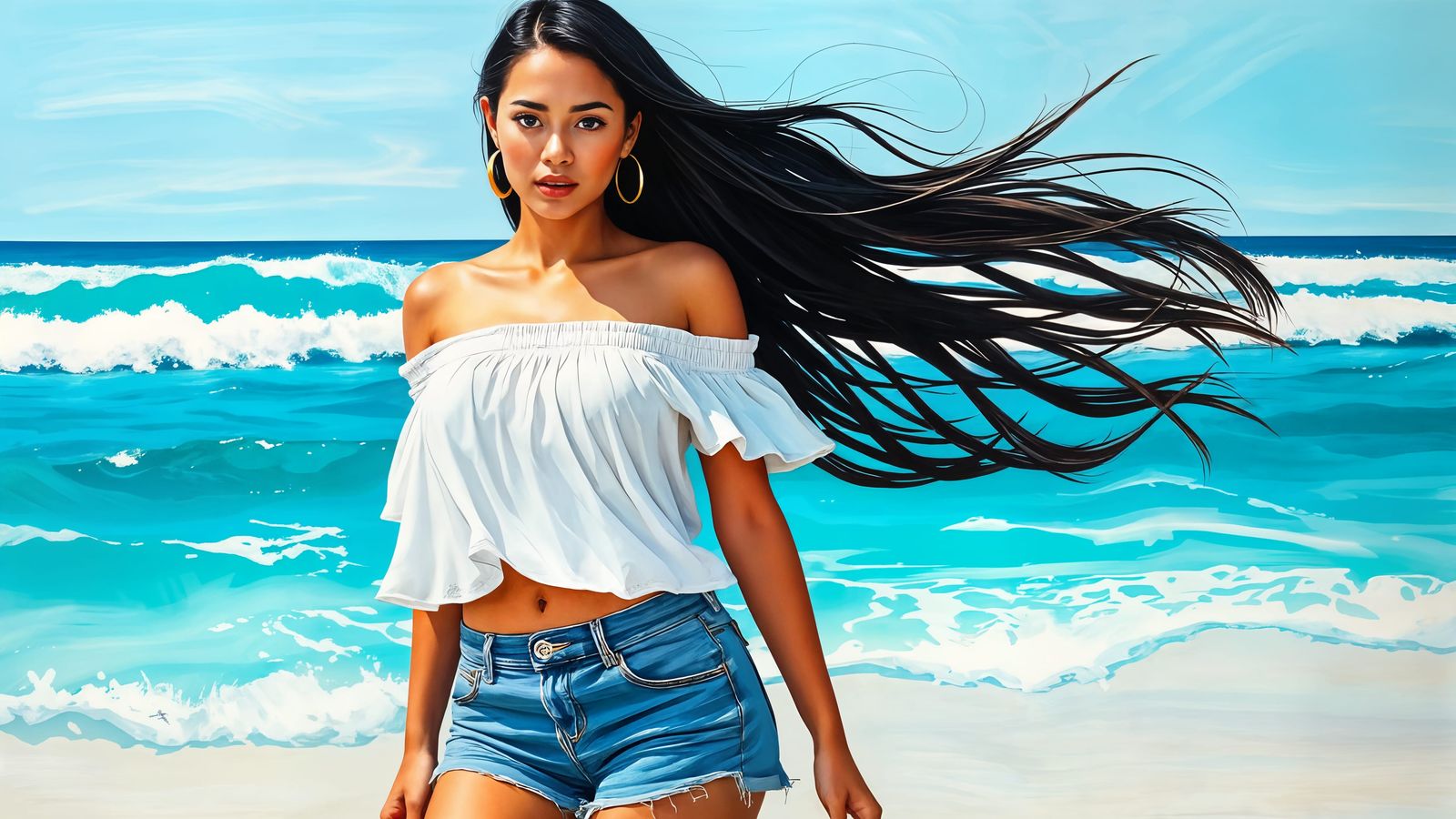 Minimalist Painting of Latina Woman in Sea Breeze