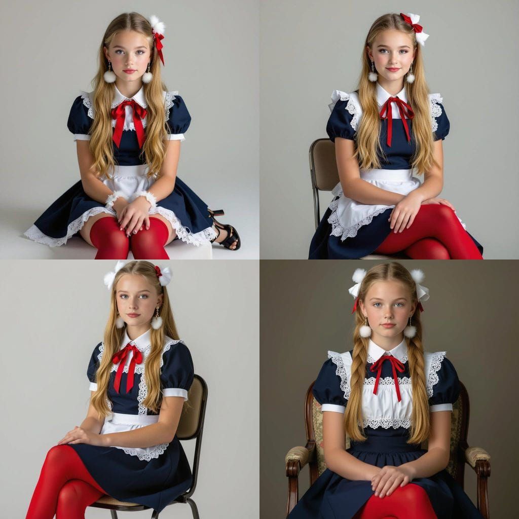 Blonde Schoolgirl in Blue Dress with Lace Apron