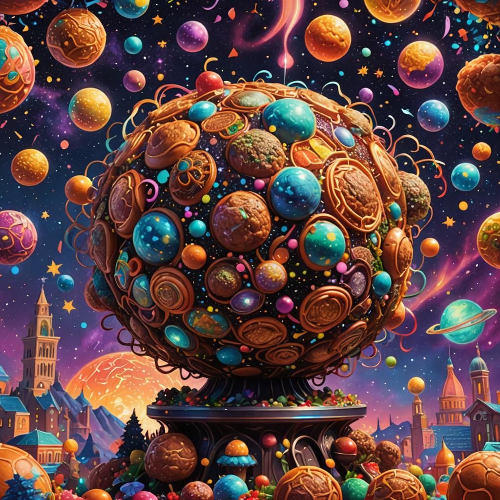 Cosmic Meatball Celebration in Mixed Media Style