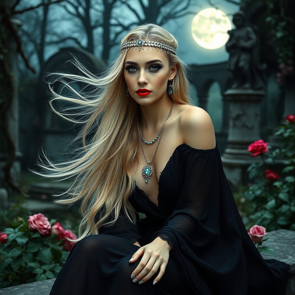 Goddess in Moonlit Forest Ruins, Cinematic Film Still