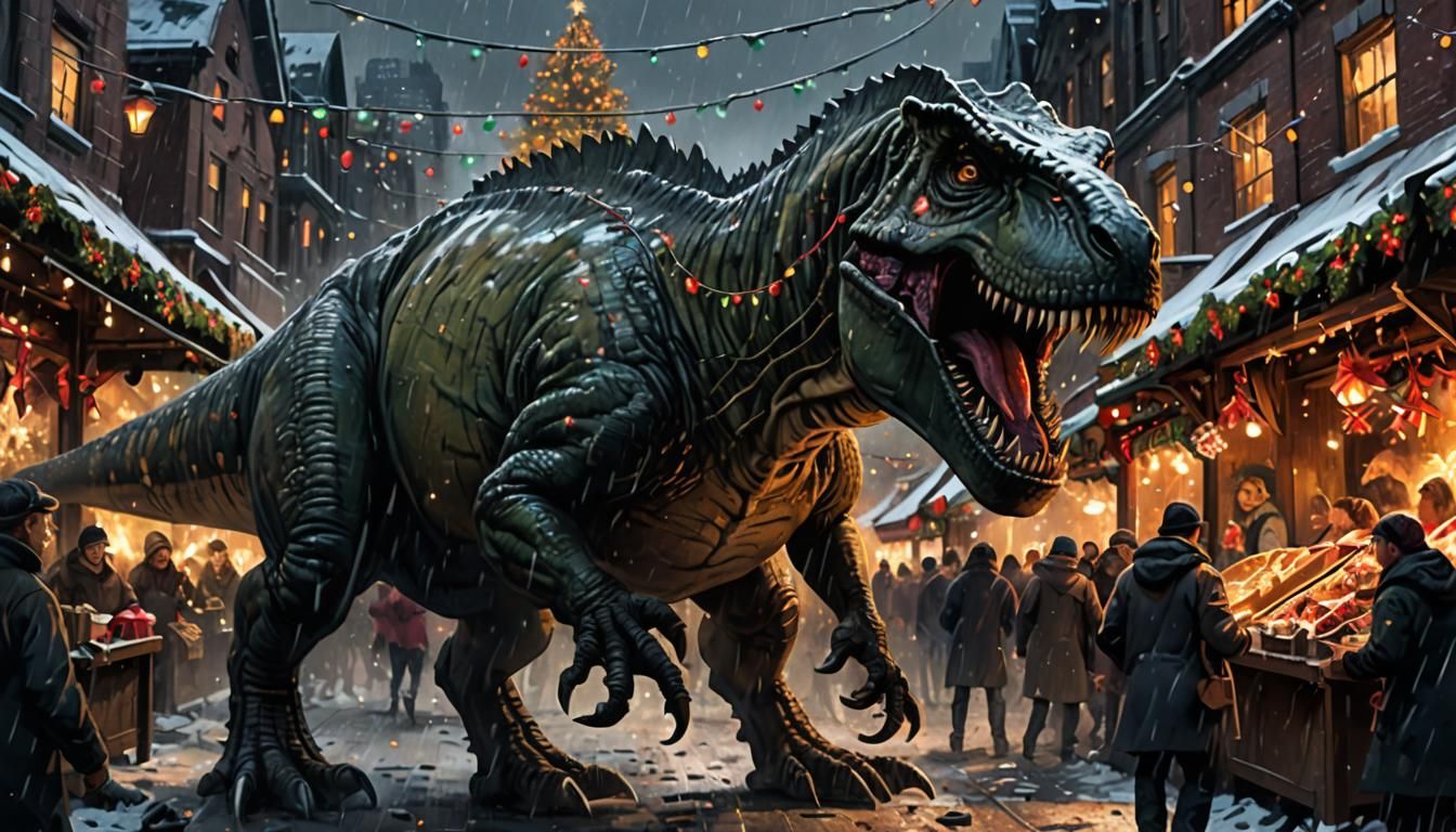 Tyrannosaurus Rex Smashes Through New York Christmas Market...