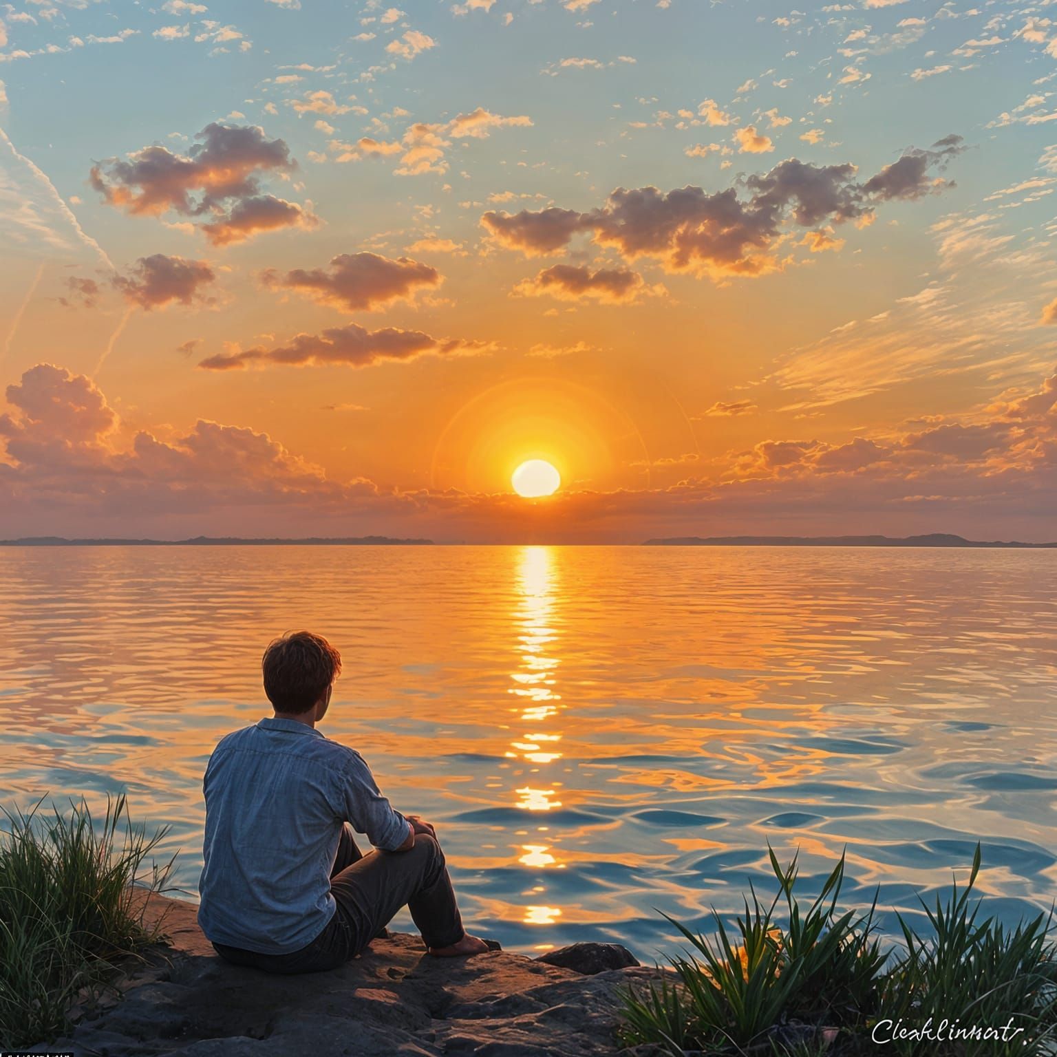 Person Gazing at Sunset Over Water