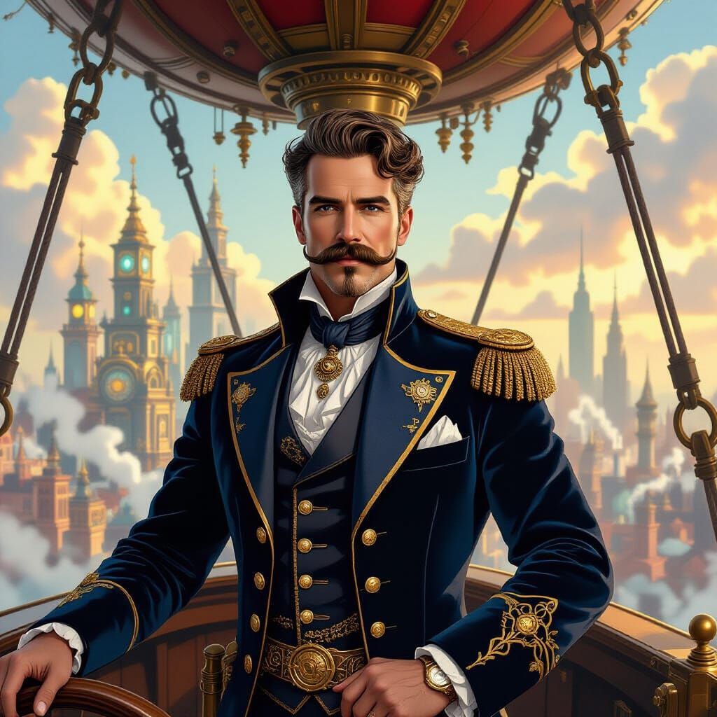 Steampunk Airship Captain Oversees Clockwork Cityscape