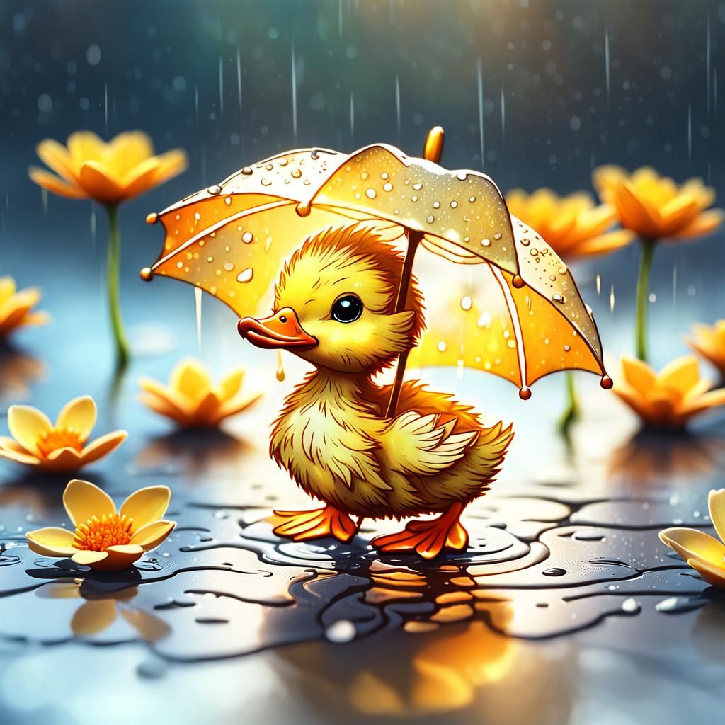 Adorable Chibi Duckling in Rainy Alcohol Ink Scene