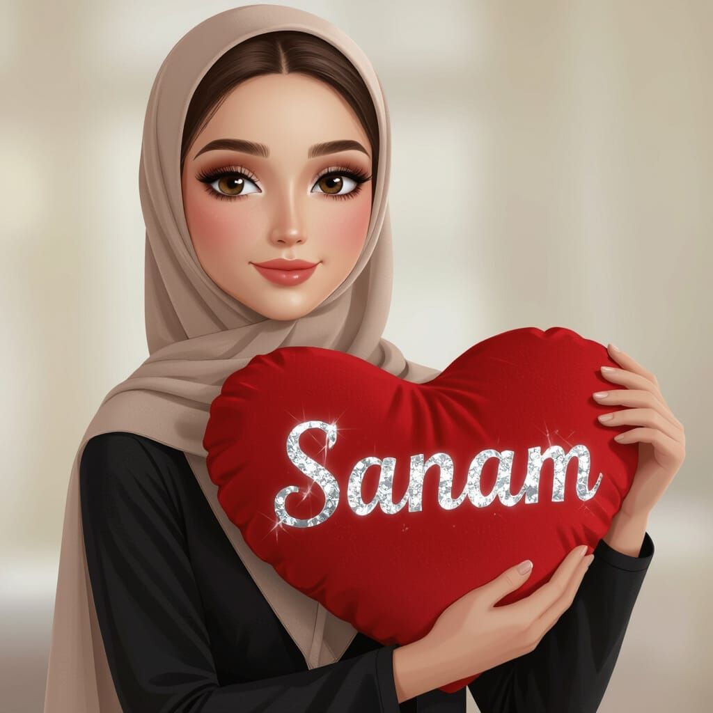 Muslim Woman Holding Heart Pillow in Digital Portrait