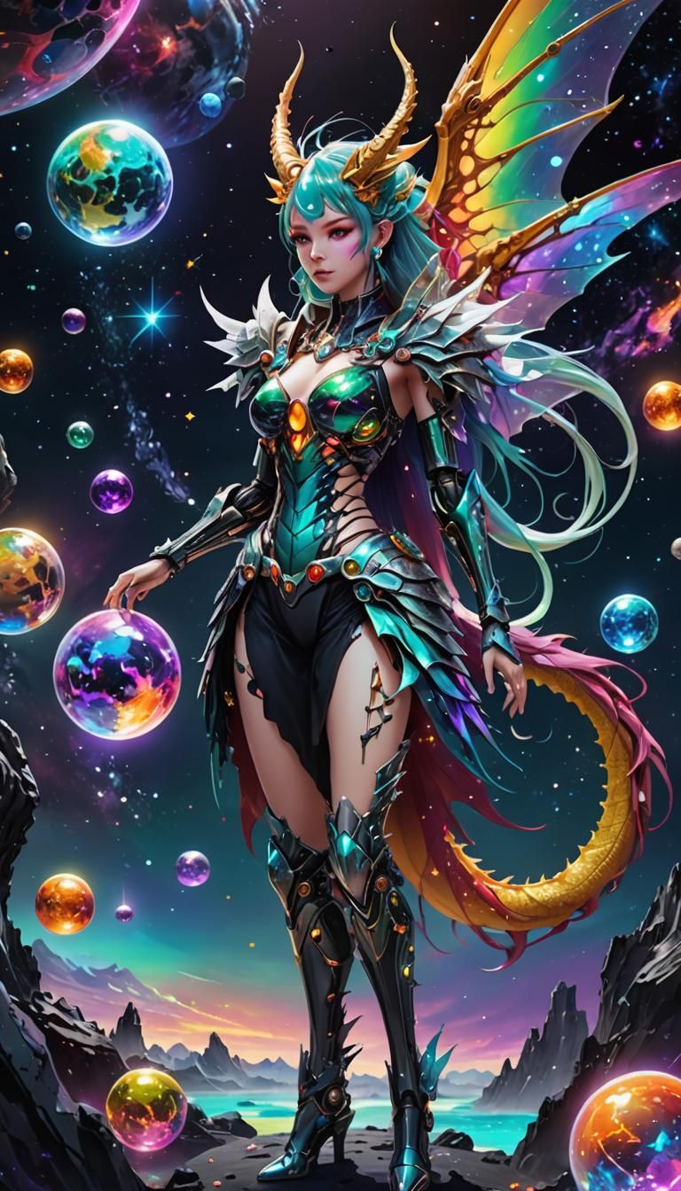 Dragon Girl Robot in Space: Digital Concept Art