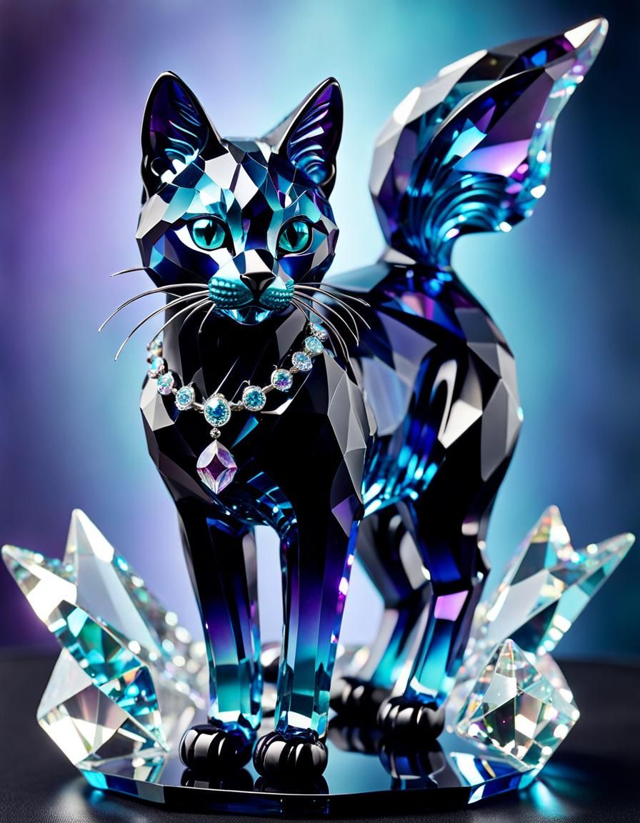 Iridescent Crystal Cat Figurine with Gem Accents
