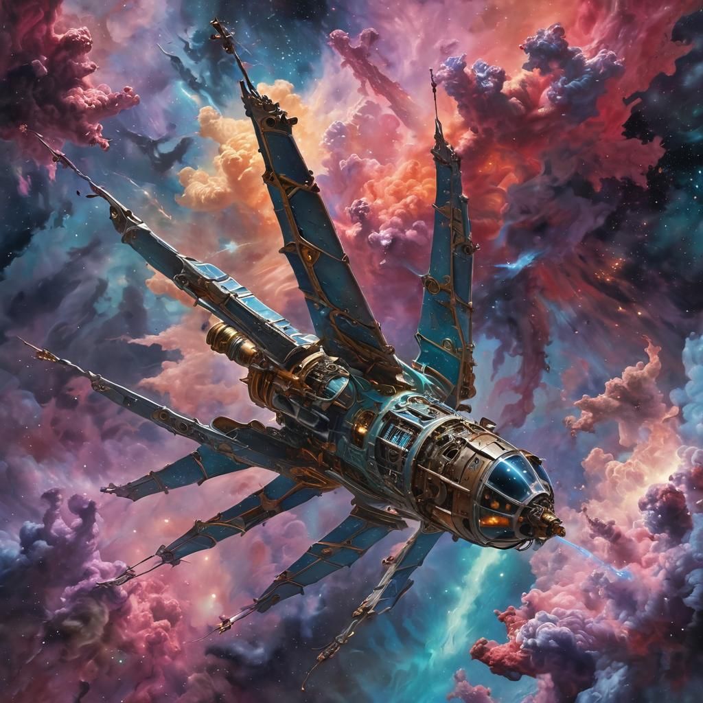 Vibrant Nebula Dragon Spaceship in Triadic Oil Painting Styl...