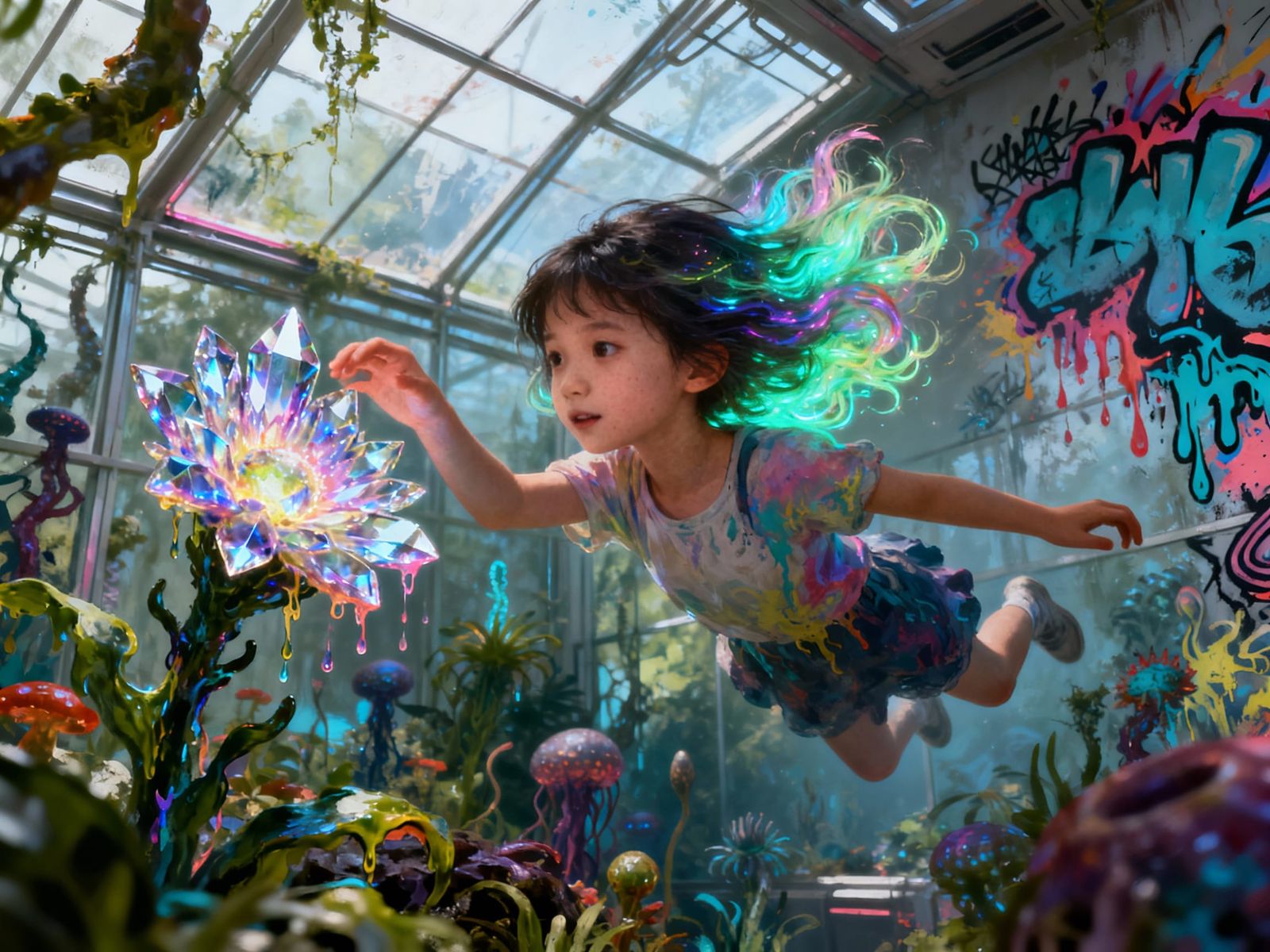 Girl in Zero-G Greenhouse with Alien Flora