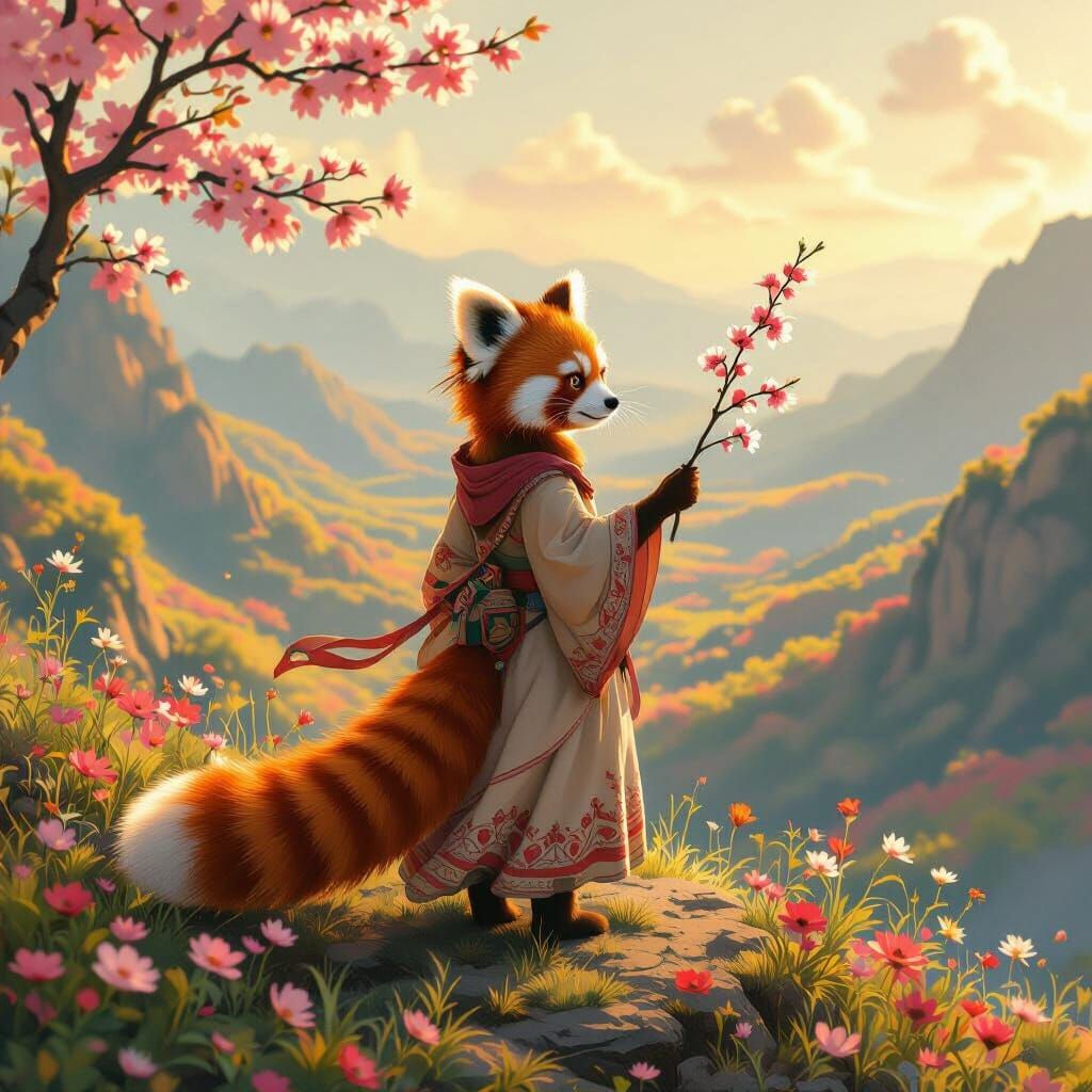 Red Panda Girl Overlooking Cherry Blossom Valley