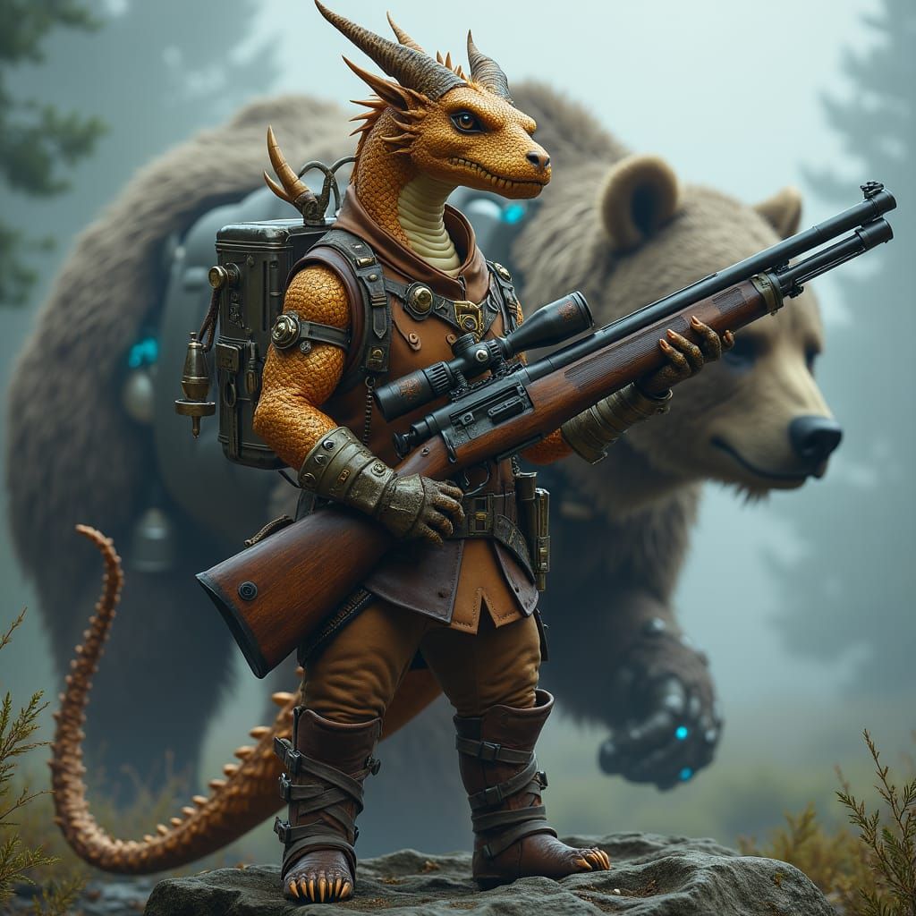Dragon Artificer and Robotic Bear in Misty Environment