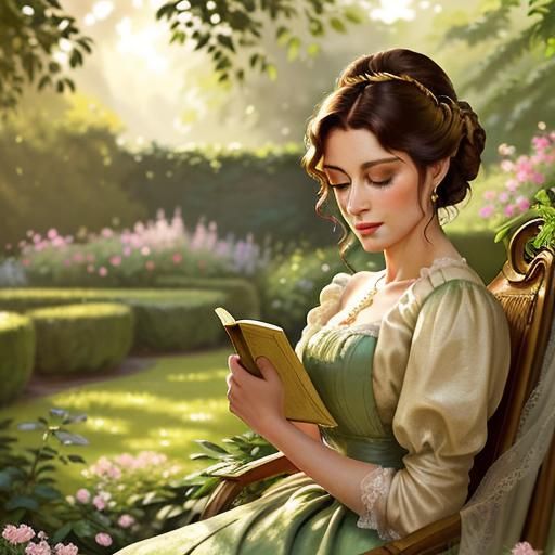 Romance novel fantasy scene. Medium shot. A woman in Regency...