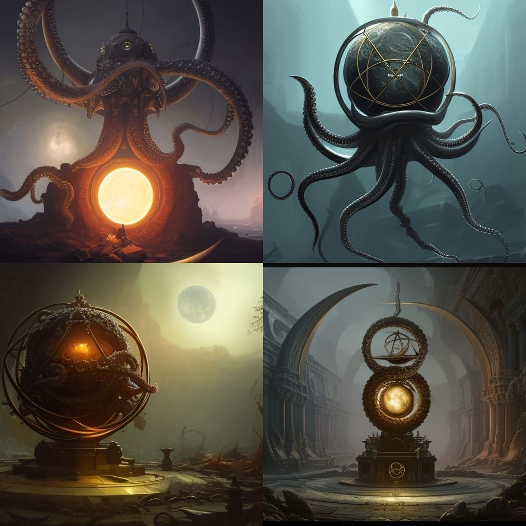 Octopus Moon Ritual with Armillary Sphere in Fantasy Art