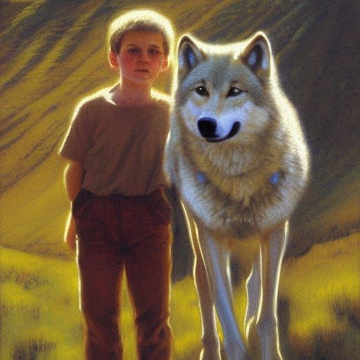 Boys and Wolf in Ethereal Oil Painting
