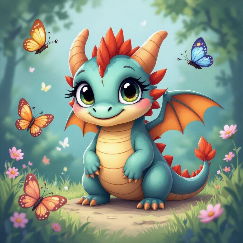 Cute Dragon Learning to Fly Coloring Page with Butterflies