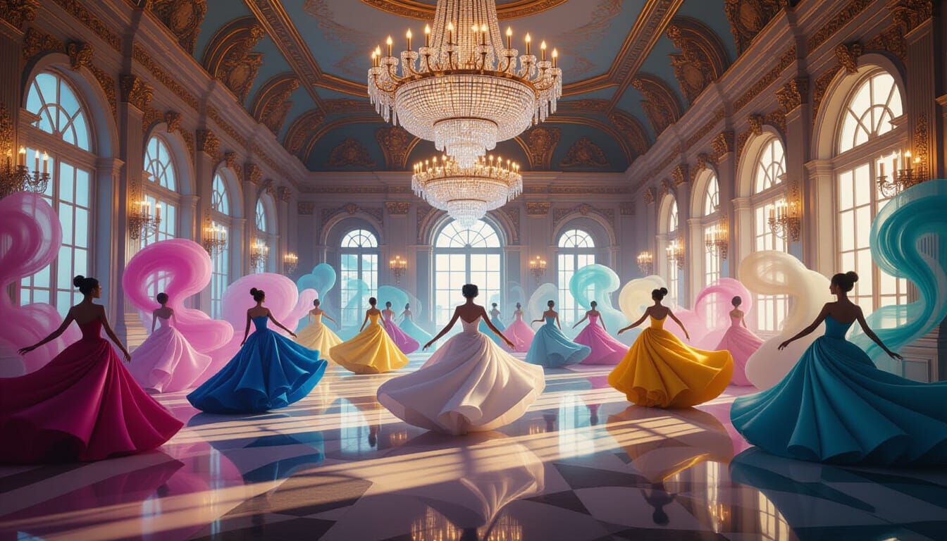 Ballroom of Liquid Crystal Dancers in Nouveau Rococo Style